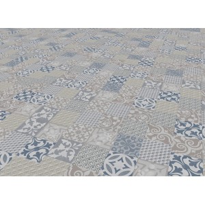 Selbstklebender Vinylboden Provence Blue von Gerflor mit Steinoptik und verschiedenen Mustern.