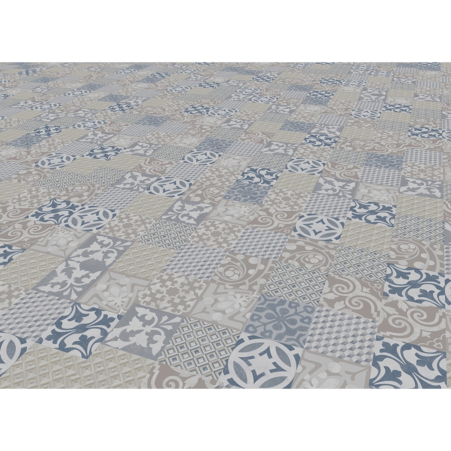 Selbstklebender Vinylboden Provence Blue von Gerflor mit Steinoptik und verschiedenen Mustern.