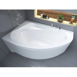 Weiße KOLMAN Eckbadewanne 160x100 cm links, Acryl, mit Ablauf und Füßen.