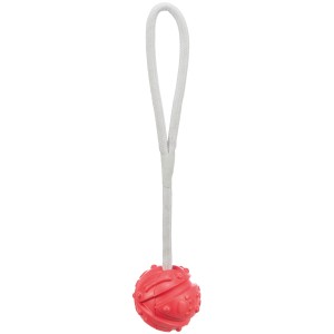 Roter Jollypaw Aqua Ball am Seil, robustes Apportierspielzeug aus Naturgummi für Hunde.