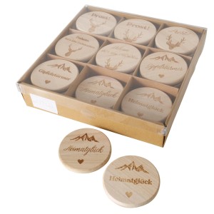 Boltze Untersetzer Vilbert, 9er-Set aus Holz mit verschiedenen Motiven, Ø 10 cm.