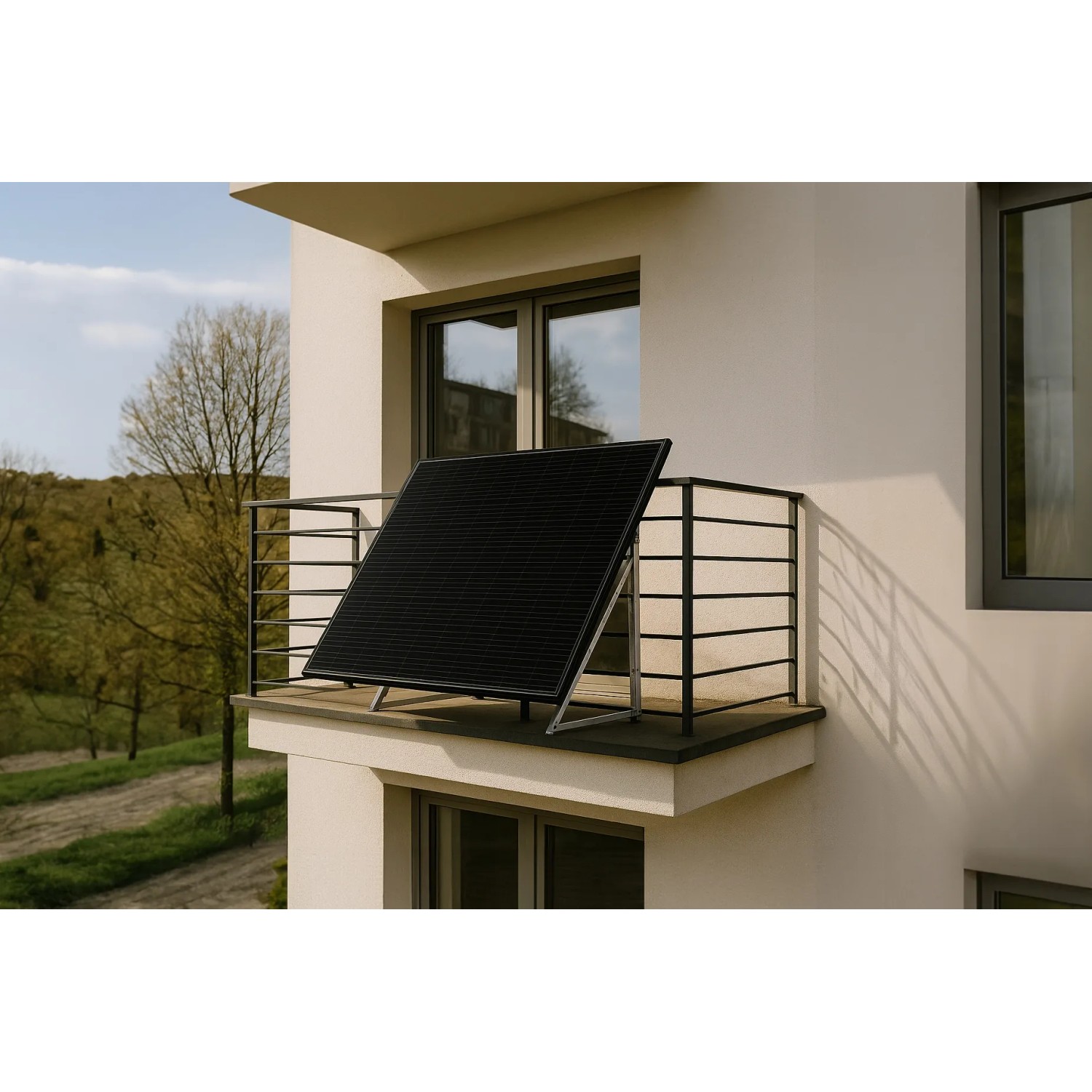 Haier Balkonkraftwerk Lumenia 800W mit Halterung auf Balkon montiert.
