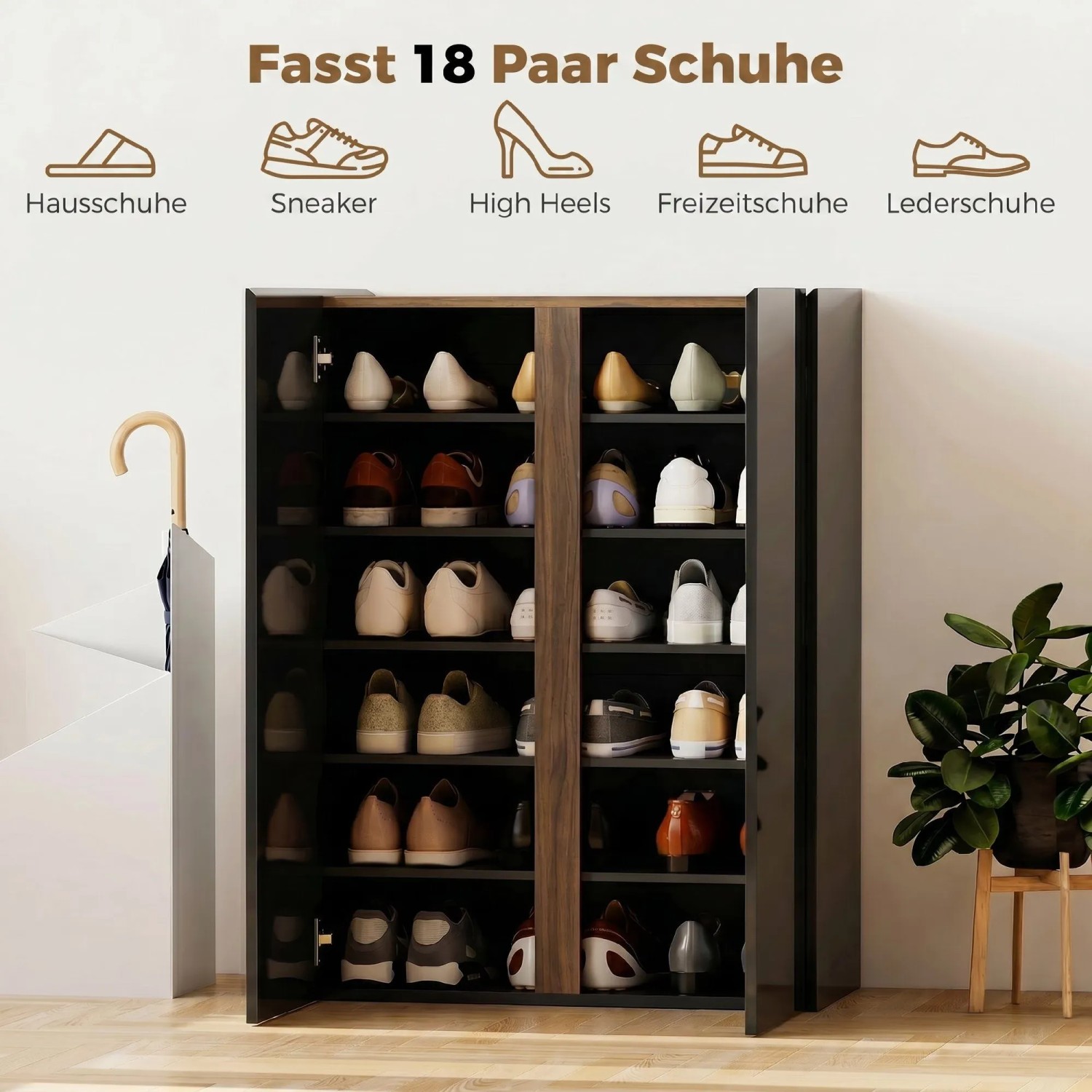 Moderner HOMCOM Schuhschrank in Schwarz Hochglanz mit Holz-Akzenten, bietet Platz für 18 Paar Schuhe.
