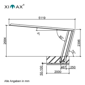 Technische Zeichnung: Ximax Flachdach-Carport My-Port 7, Typ 2751 mit Maßen in mm.