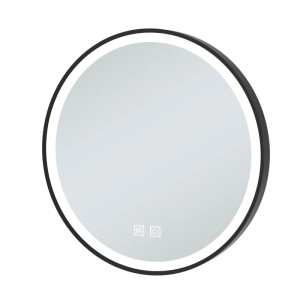 Runder Badspiegel 70cm mit schwarzem Rahmen, LED-Beleuchtung, Dimmfunktion und Touch-Steuerung. Beschlagfrei.