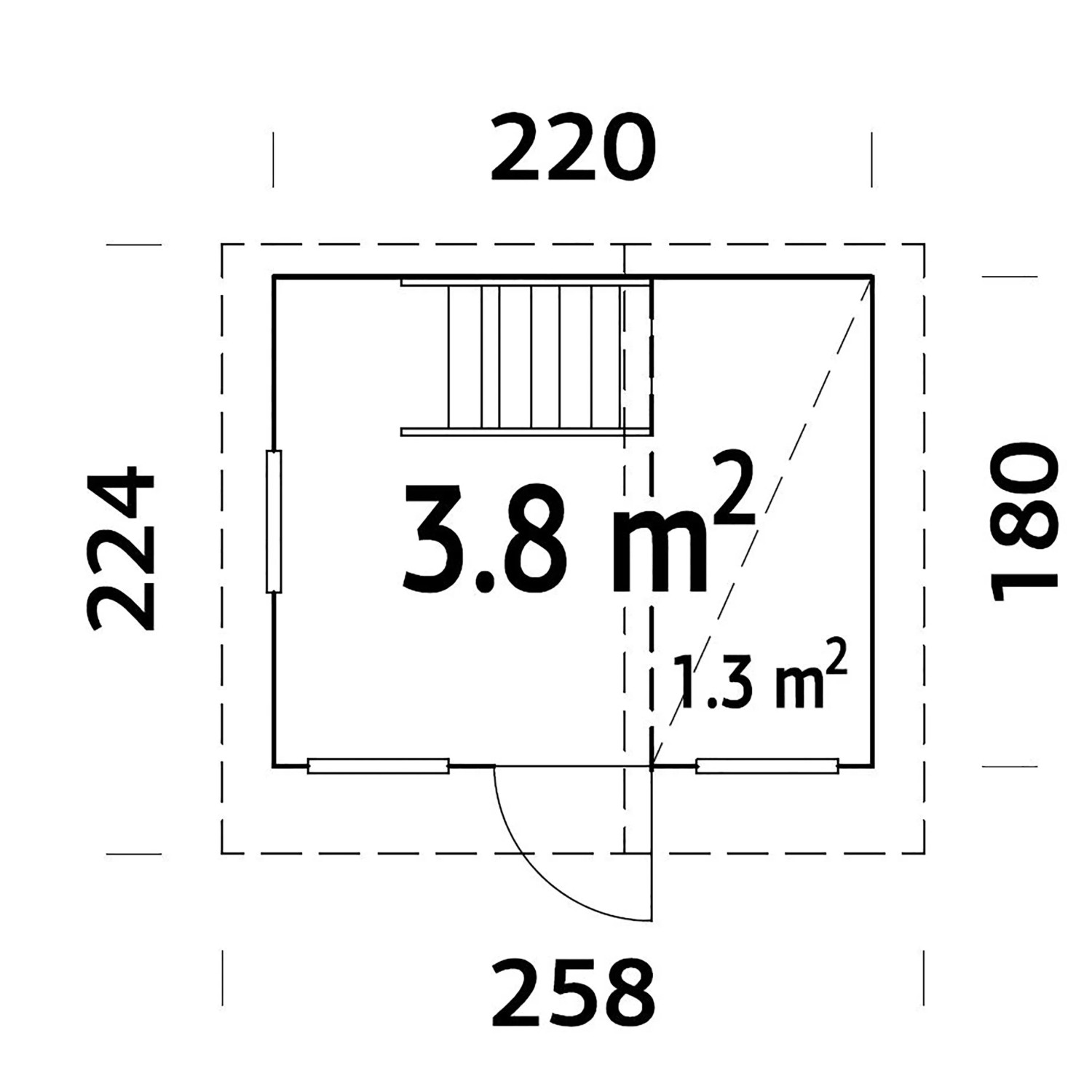 Grundriss Palmako Spielhaus Tom: 220x180x228cm, Fichtenholz, 3,8 m² Fläche.