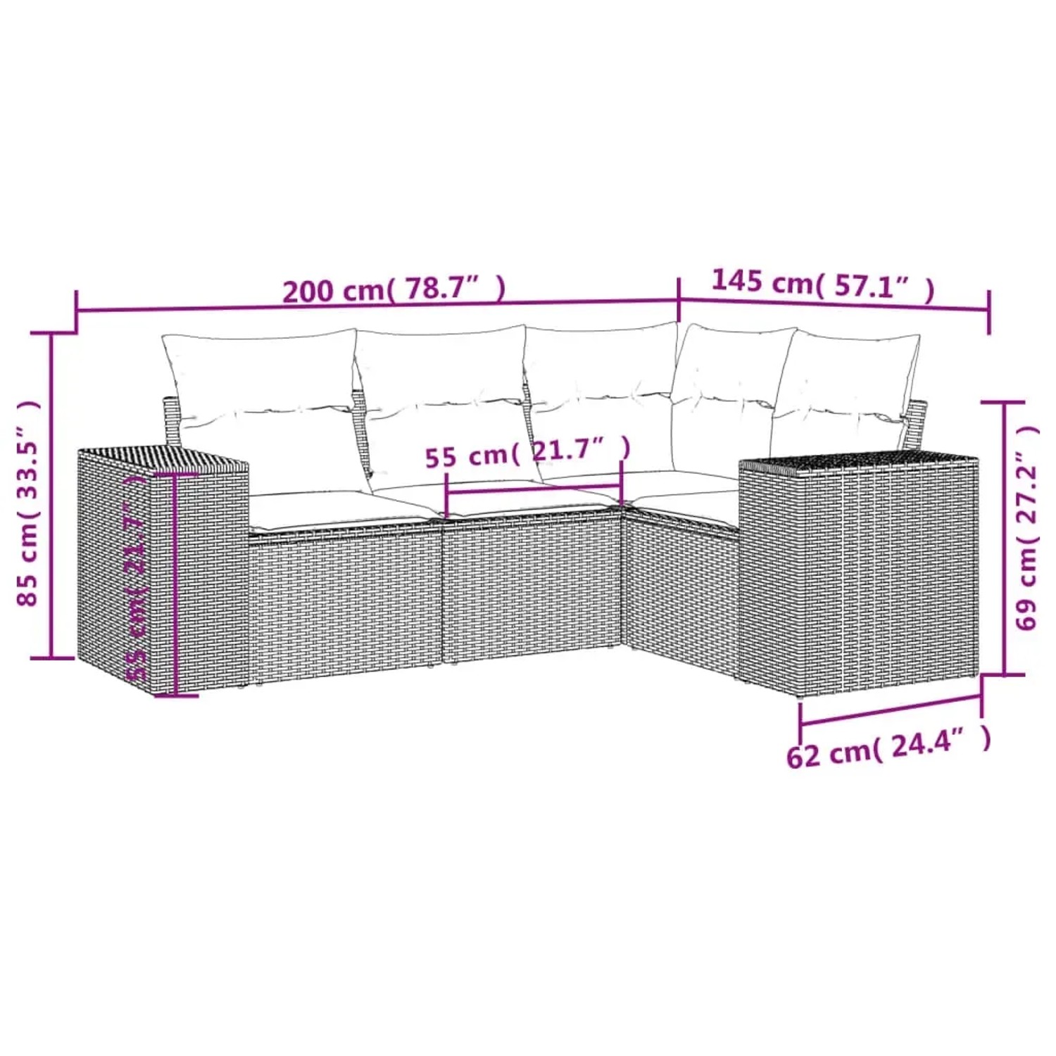 Braune 4-tlg. vidaXL Garten-Sofagarnitur aus Rattan mit Kissen, Maße eingezeichnet.