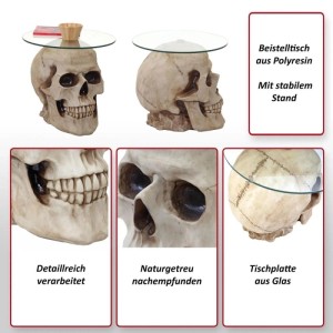 MCW Beistelltisch Totenkopf A19: Glasplatte auf detailreicher, naturgetreuer Polyresin-Schädelbasis. Wohnzimmertisch.