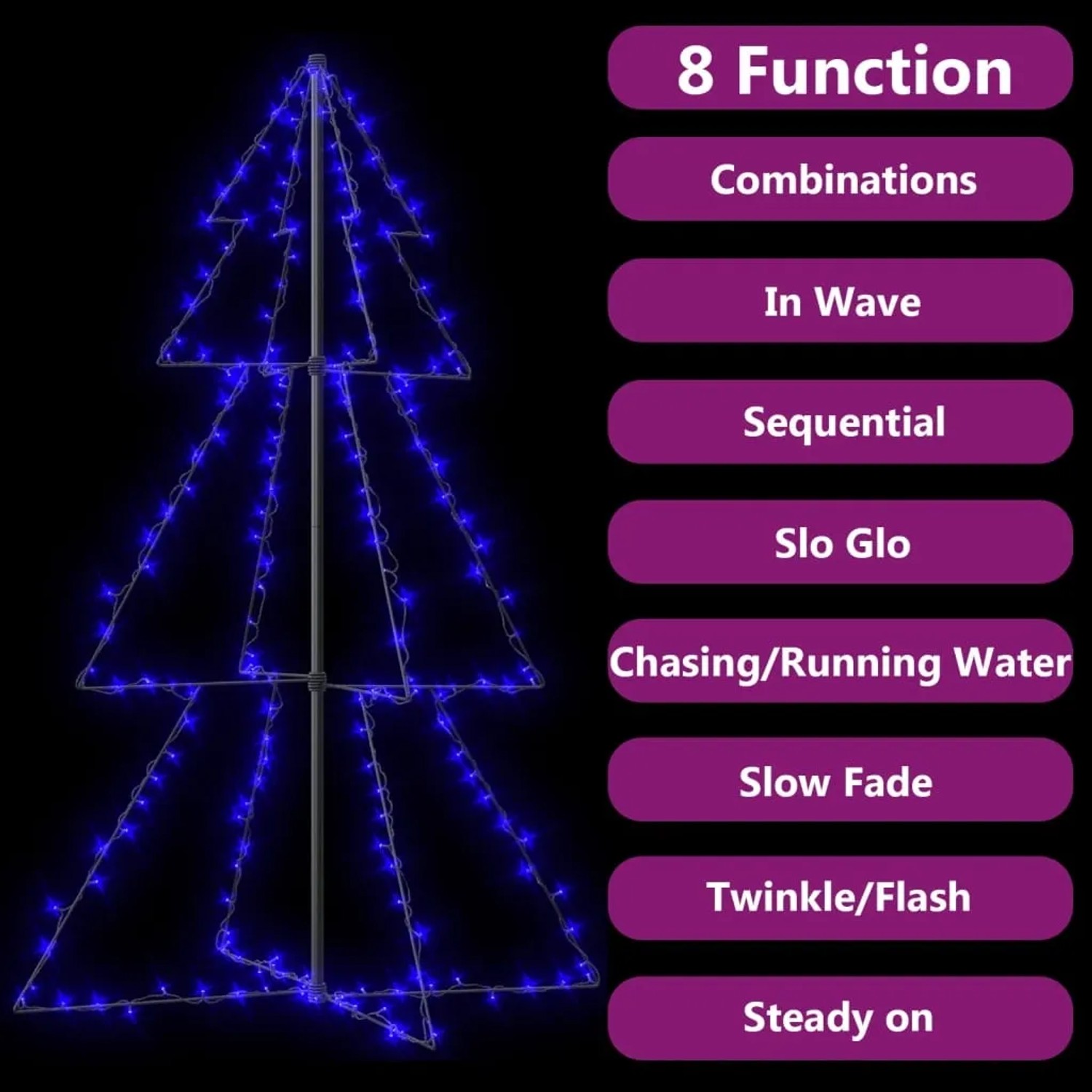 Blauer LED Weihnachtskegelbaum, 150cm hoch, für Innen und Außen mit 8 Lichteffekten.