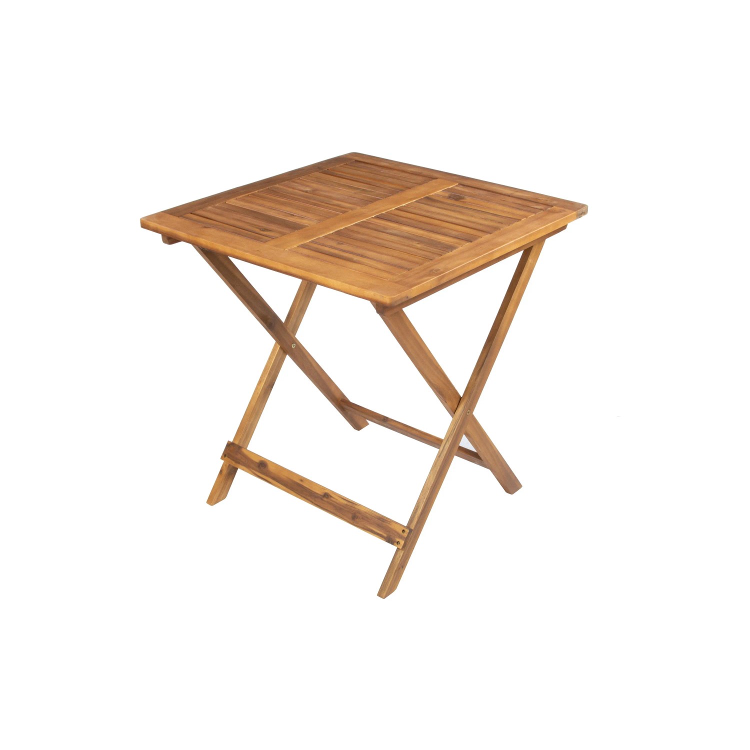 Klappbarer Balkontisch aus Akazienholz, 70x70 cm, mit Holzlatten-Tischplatte für platzsparende Nutzung.