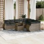 Graue 10-tlg. vidaXL Garten-Sofagarnitur aus Poly Rattan mit Tisch und Kissen.