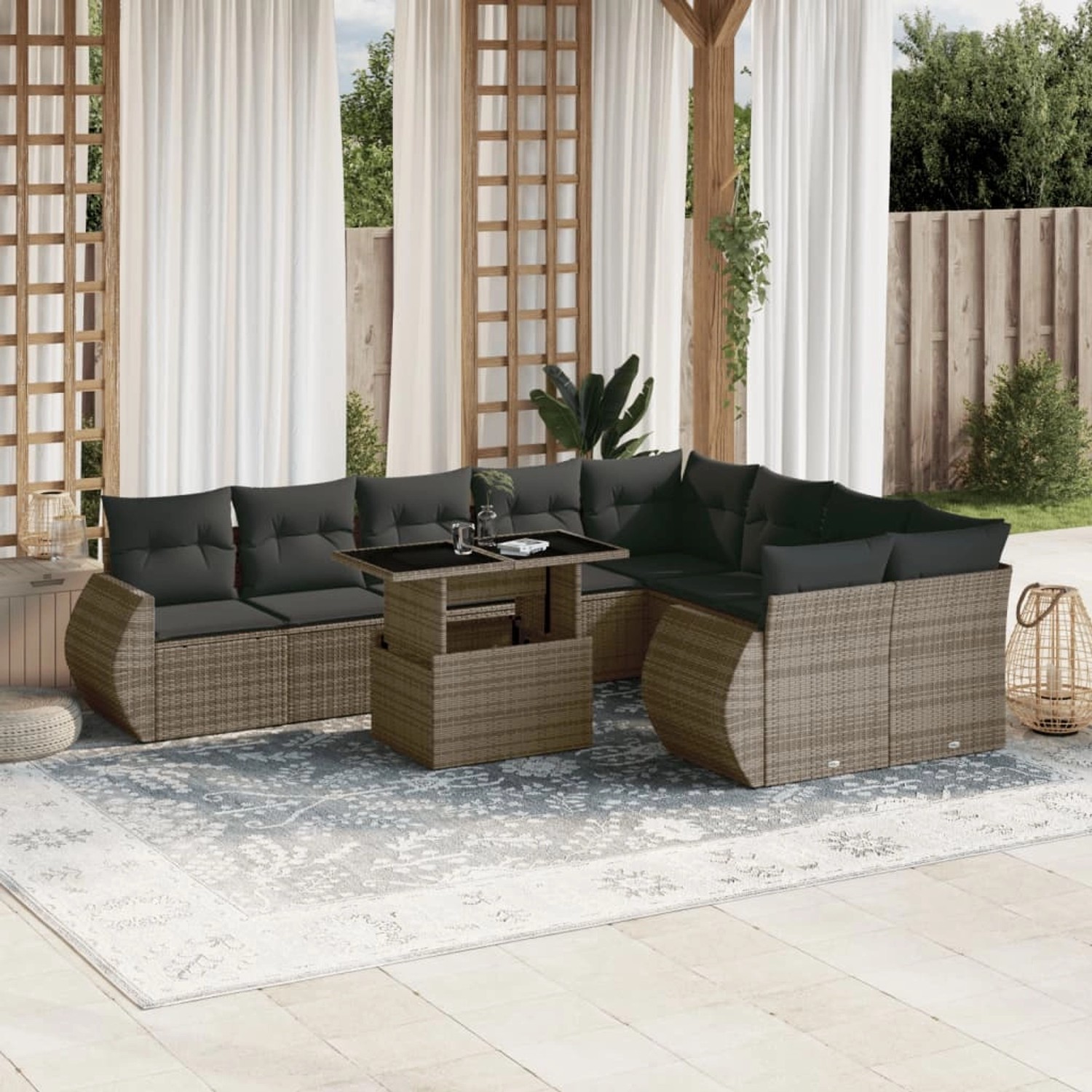 Graue 10-tlg. vidaXL Garten-Sofagarnitur aus Poly Rattan mit Tisch und Kissen.