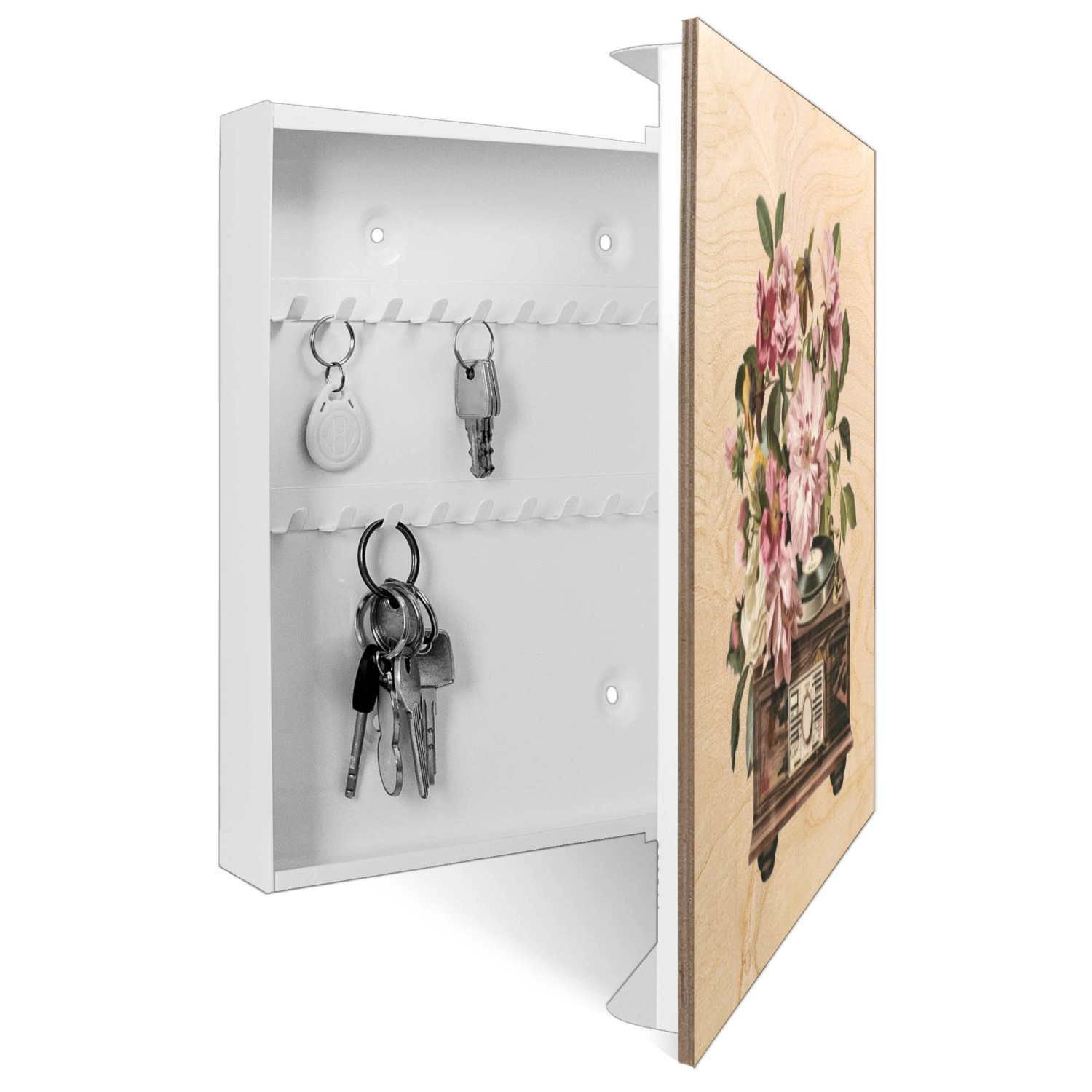 Weißer Banjado Schlüsselkasten aus Holz mit Blütenmotiv, 50 Haken und rechtem Scharnier.