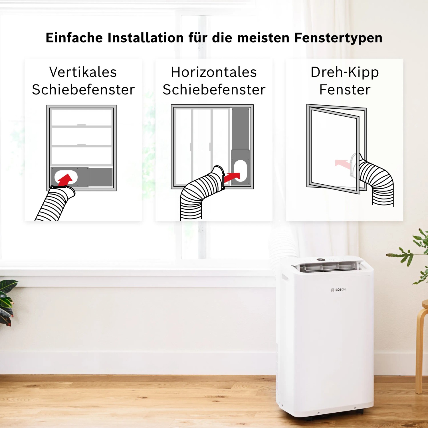 Bosch Klimagerät Cool 2000: Einfache Installation an verschiedenen Fensterarten dargestellt.