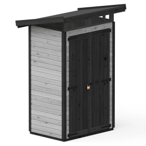 Graues Upyard Gartenhaus Strongbox S mit Fundament, 127x87 cm, aus FSC®-Holz mit Doppeltür und Vorhängeschloss.