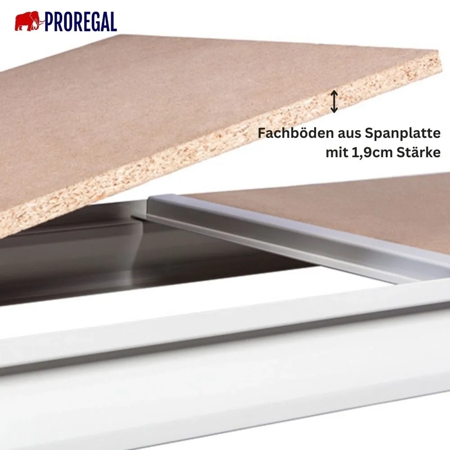 Detailaufnahme: PROREGAL Weitspannregal Maximus mit Spanplatten-Fachboden (1,9 cm stark) in Lichtgrau.