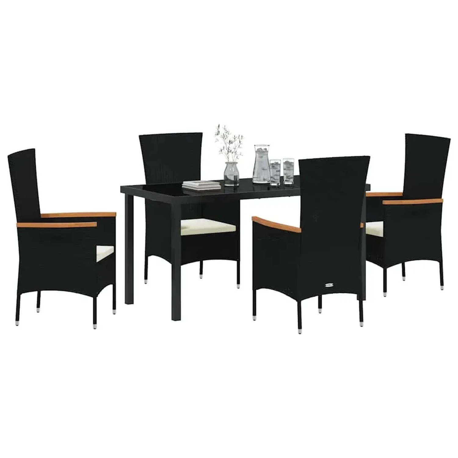Schwarze vidaXL Garten Essgruppe mit Kissen, 5-teilig, aus Poly Rattan.