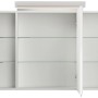 Posseik Spiegelschrank 140 cm, weiß hochglanz, mit LED-Lampe und Glasböden. Offene Türen.