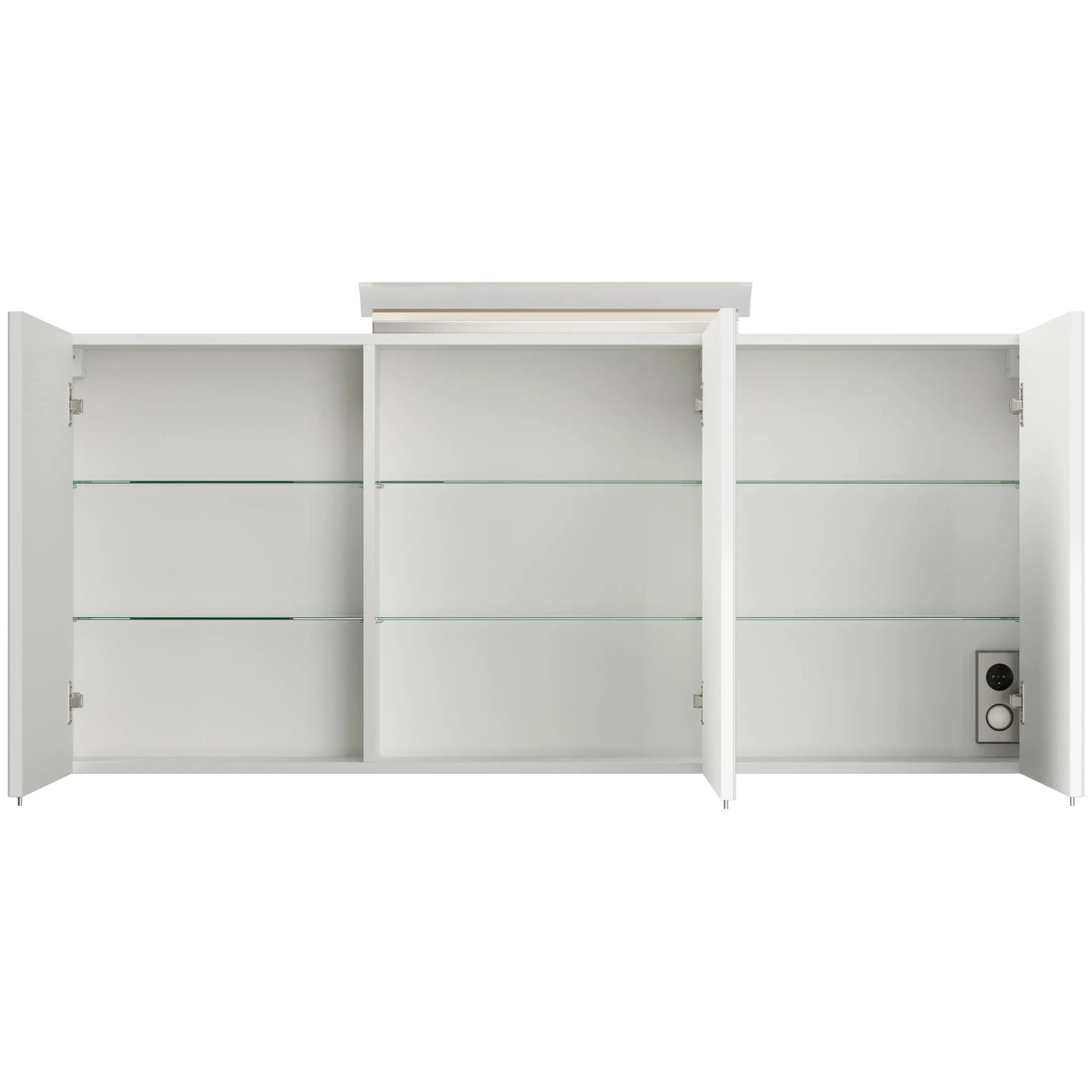 Posseik Spiegelschrank 140 cm, weiß hochglanz, mit LED-Lampe und Glasböden. Offene Türen.
