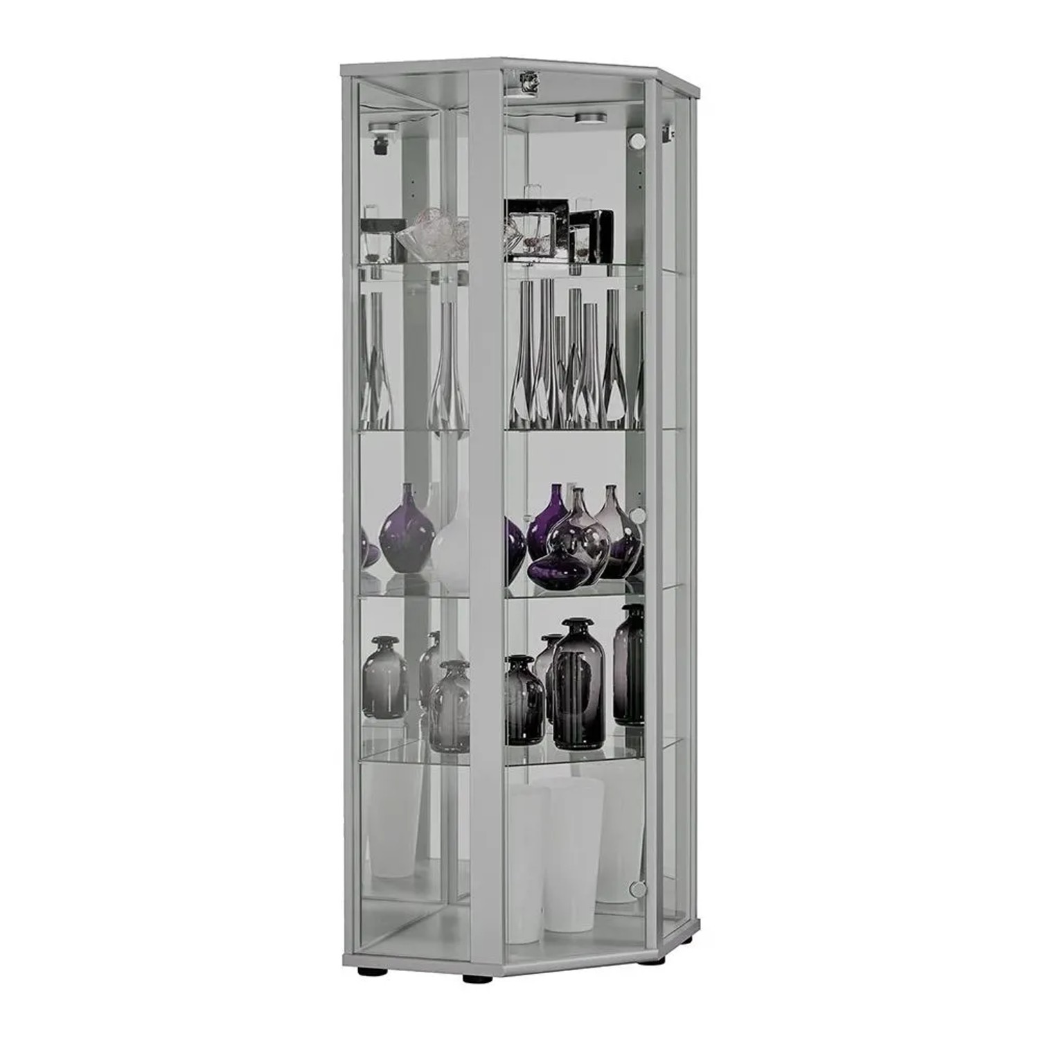 K-Möbel Eckvitrine Glas Stehend 176x56,5x56,5 cm Made in Germany mit Schloss Spiegel & LED Silber