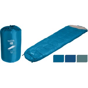 Blauer Mumien Schlafsack XL, verpackt und ausgerollt. Camping Schlafsack für Temperaturen von 0-10 Grad.