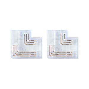 Zwei transparente Paulmann MaxLED 90 Grad Eckverbinder für LED-Streifen mit Kupferkontakten.