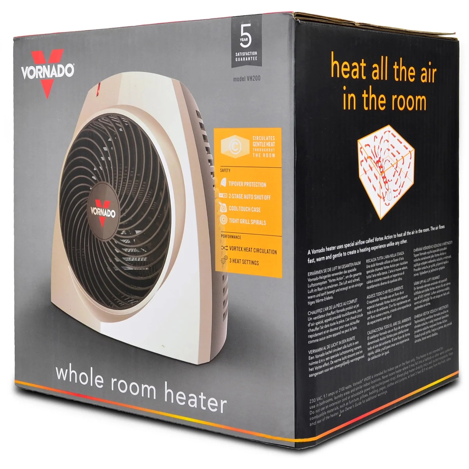 Verpackung des Vornado Heizlüfters VH200, 2100 W, in Silber-Schwarz. Elektrisches Heizgerät mit Lüfter.
