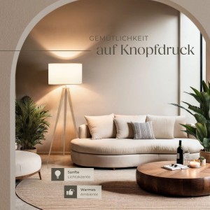 Elegante Tectake Stehleuchte Lunaris mit Dreibein aus Stahl und Textillampenschirm in Leinenoptik.