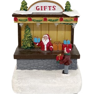 Beleuchtete Weihnachtsdorf Figur aus Polyresin: Geschenkeladen mit Weihnachtsmann, Kind und Schnee.