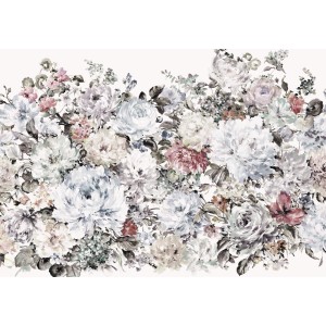 Komar Vlies Fototapete Posy mit floralem Muster in Weiß-, Grau- und Rosatönen, 400x280 cm.