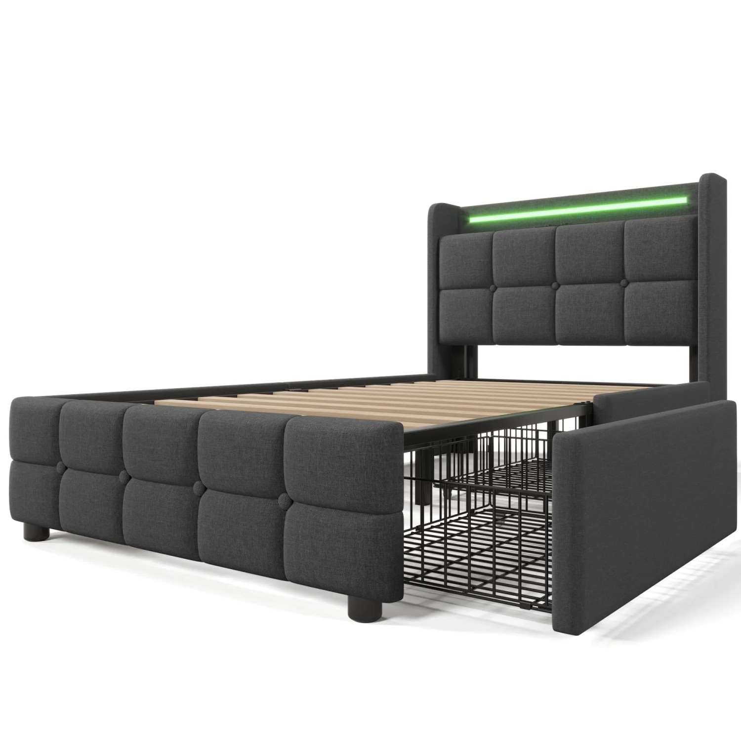 okwish Polsterbett 90x200cm mit LED Licht Schubladen USB Grau mit Matratze