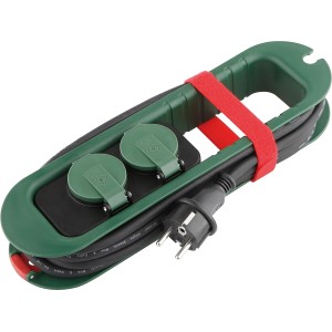 Grün-schwarze 2-fach Steckdosenleiste IP44 mit Kabelaufwicklung und Schutzkontaktstecker.