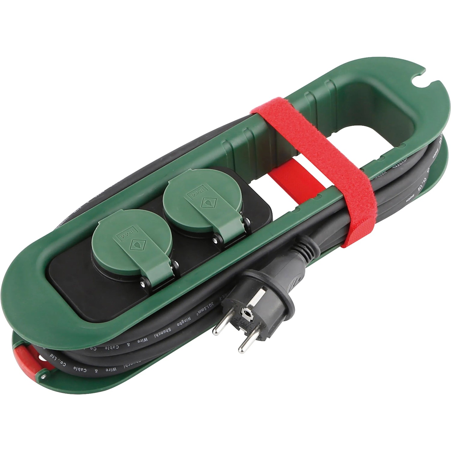 Grün-schwarze 2-fach Steckdosenleiste IP44 mit Kabelaufwicklung und Schutzkontaktstecker.