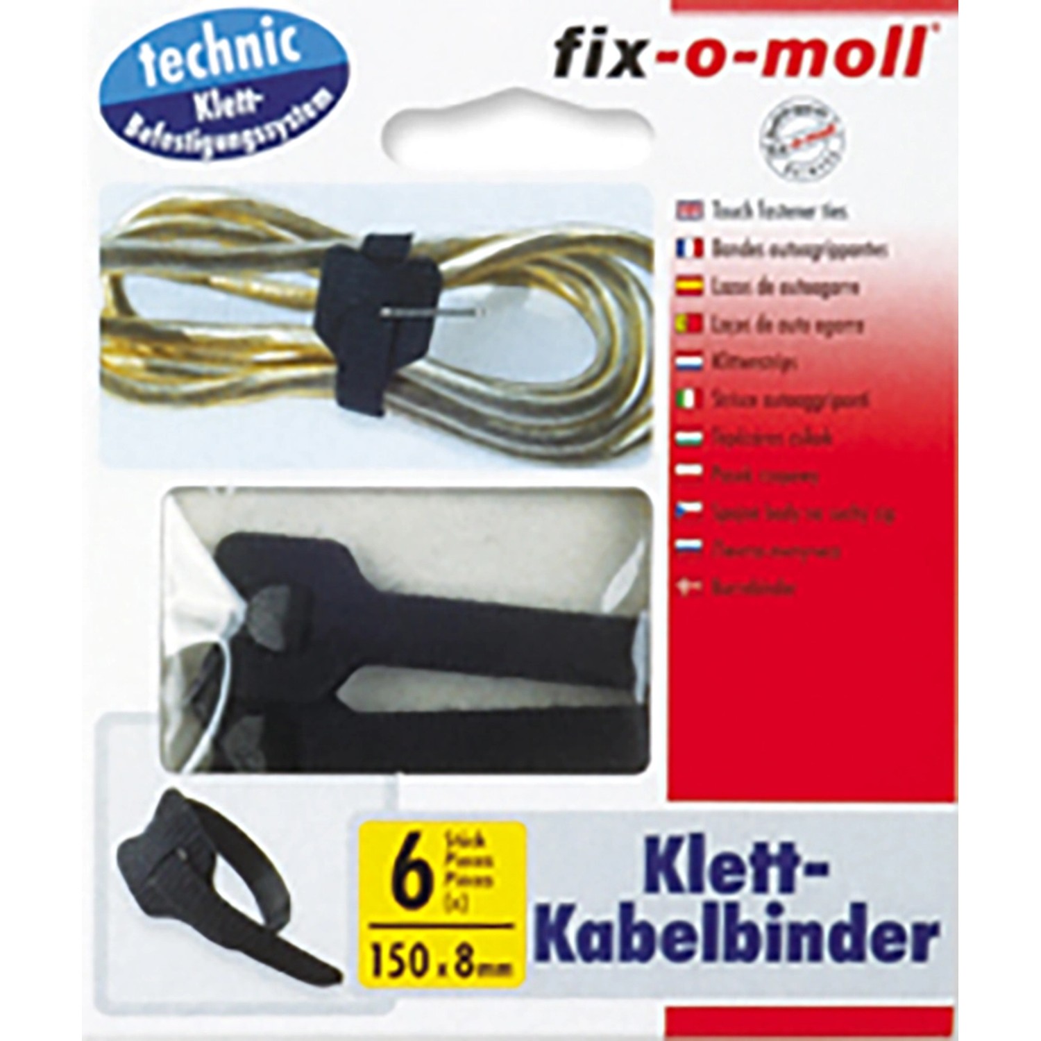 Fix-o-moll Klett-Kabelbinder Schwarz 15 cm x  8 mm 6 Stück