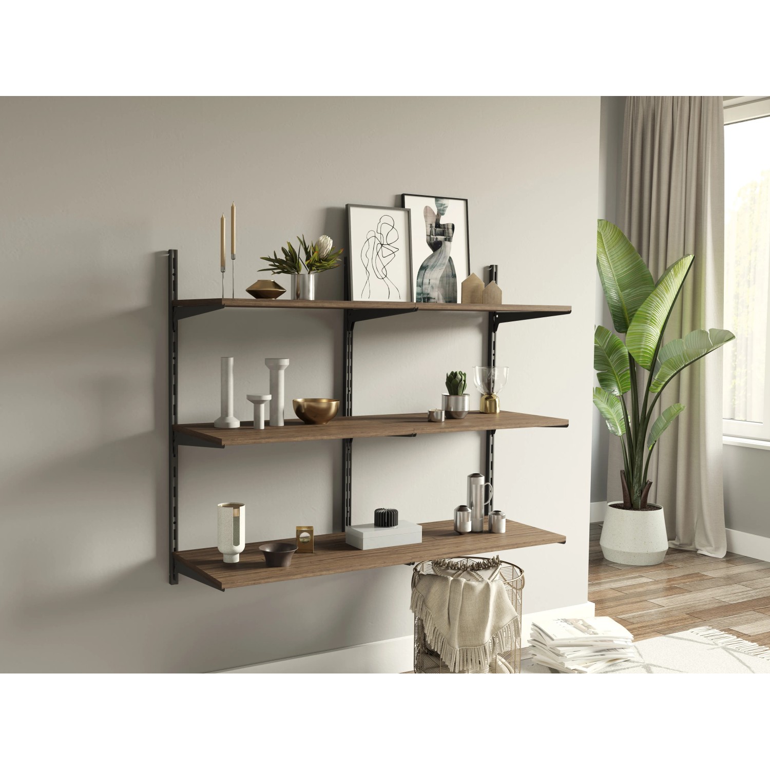 Schwarze Metall-Wandschiene, 2-reihig, 100 cm, als Basis für Regalsysteme.