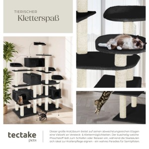 Schwarzer Tectake Kratzbaum Entissar mit Sisal, 214 cm hoch, mit Katzen.
