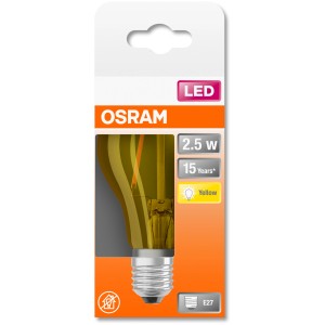 Osram LED-Lampe E27 in Glühlampenform, 2,5W, warmes gelbes Licht im Karton.