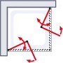 Illustration einer Schulte ExpressPlus Drehfalttür Eckeinstieg, die das Öffnen und Schließen der Duschtür zeigt.