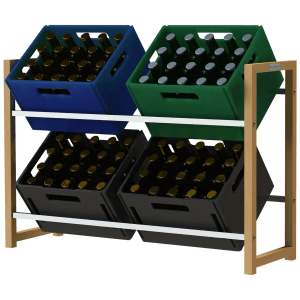 holz4home Getränkekistenregal mit 4 Kisten (blau, grün, schwarz) und Edelstahlablage.