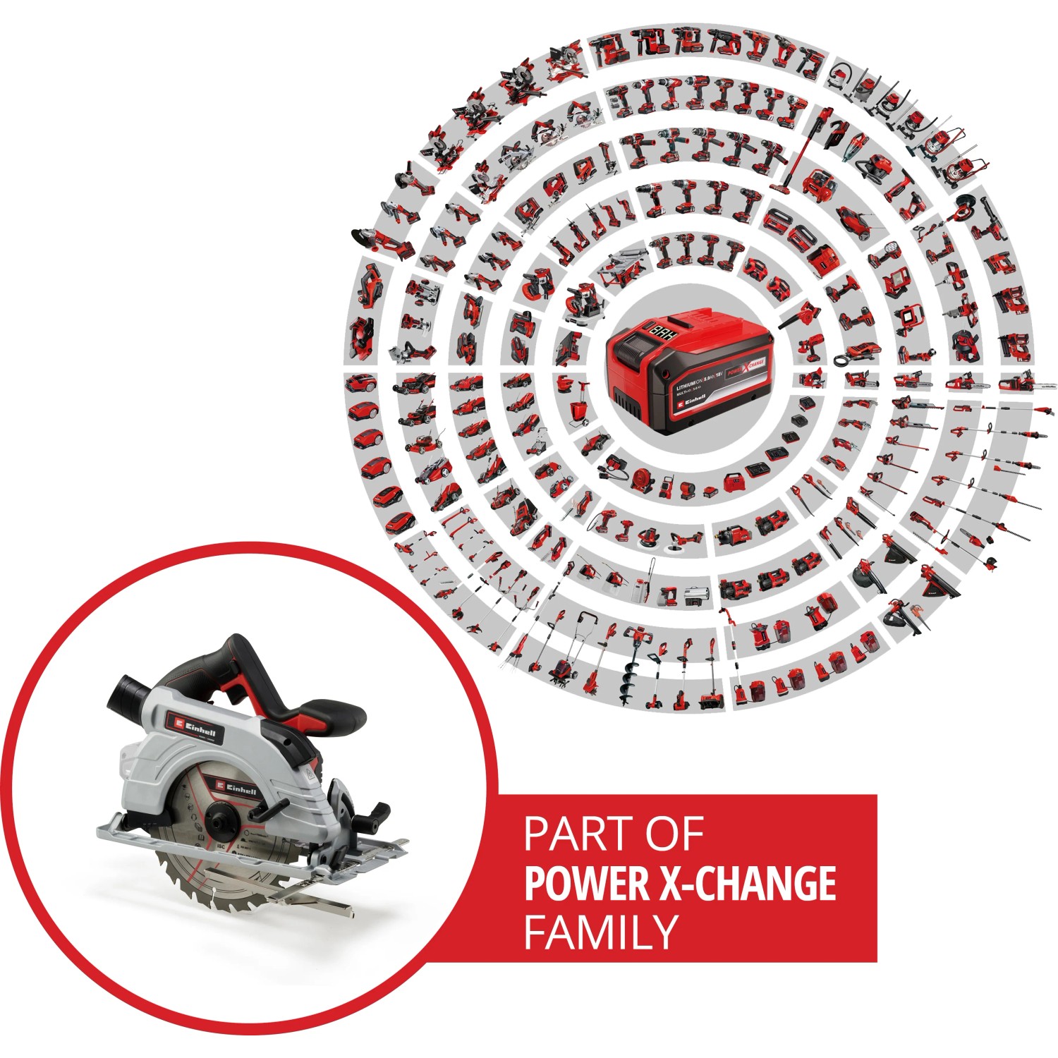 Einhell Akku-Handkreissäge TP-CS 18/190 Li BL Solo mit Power X-Change Akku im Hintergrund.