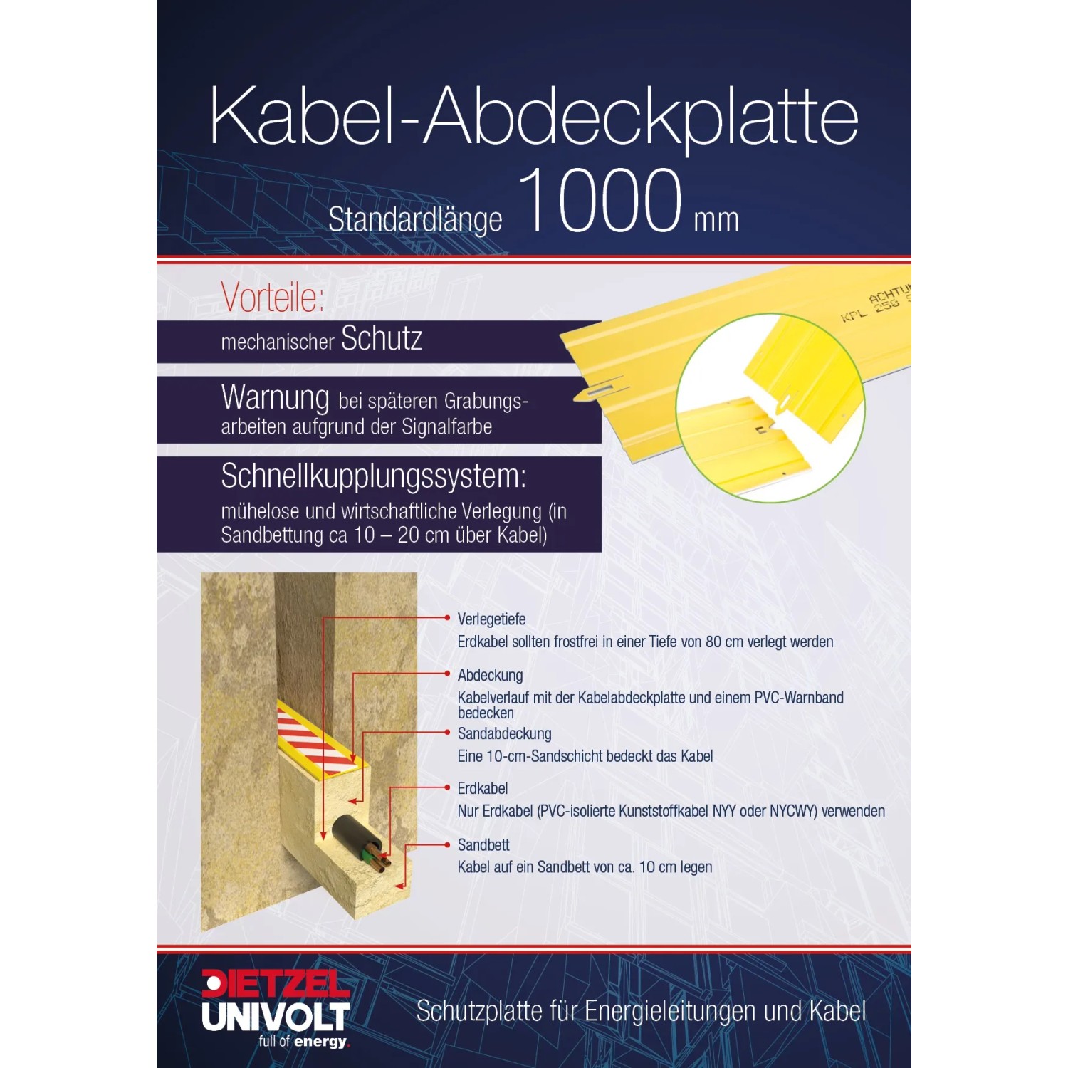 Gelbe Kabelabdeckplatte 1m mit Warnhinweis zum Schutz von Erdkabeln.