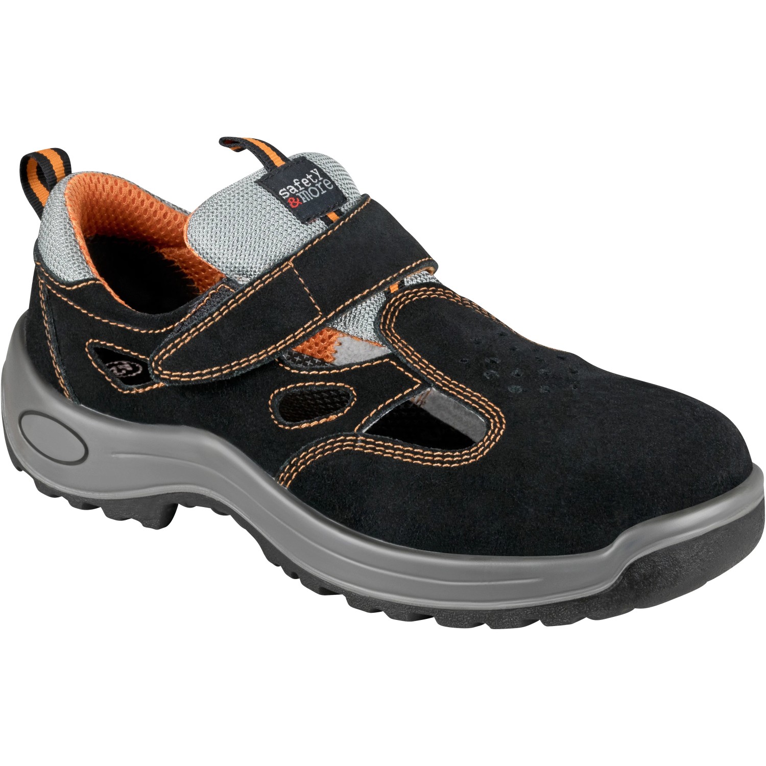 Safety&More Sicherheitssandale S1 Gr. 46, schwarz-grau mit Klettverschluss und Stahlkappe.