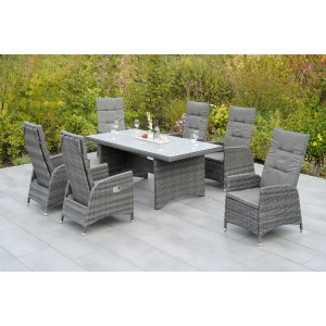 Merxx Bologna Gartenmöbel-Set mit 6 Sesseln und Tisch in Steinoptik. Graues Kunststoffgeflecht.