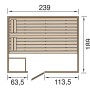 Grundriss der Weka Massivholzsauna Valida 4: Abmessungen und Anordnung von Tür, Liegen und Ofen.