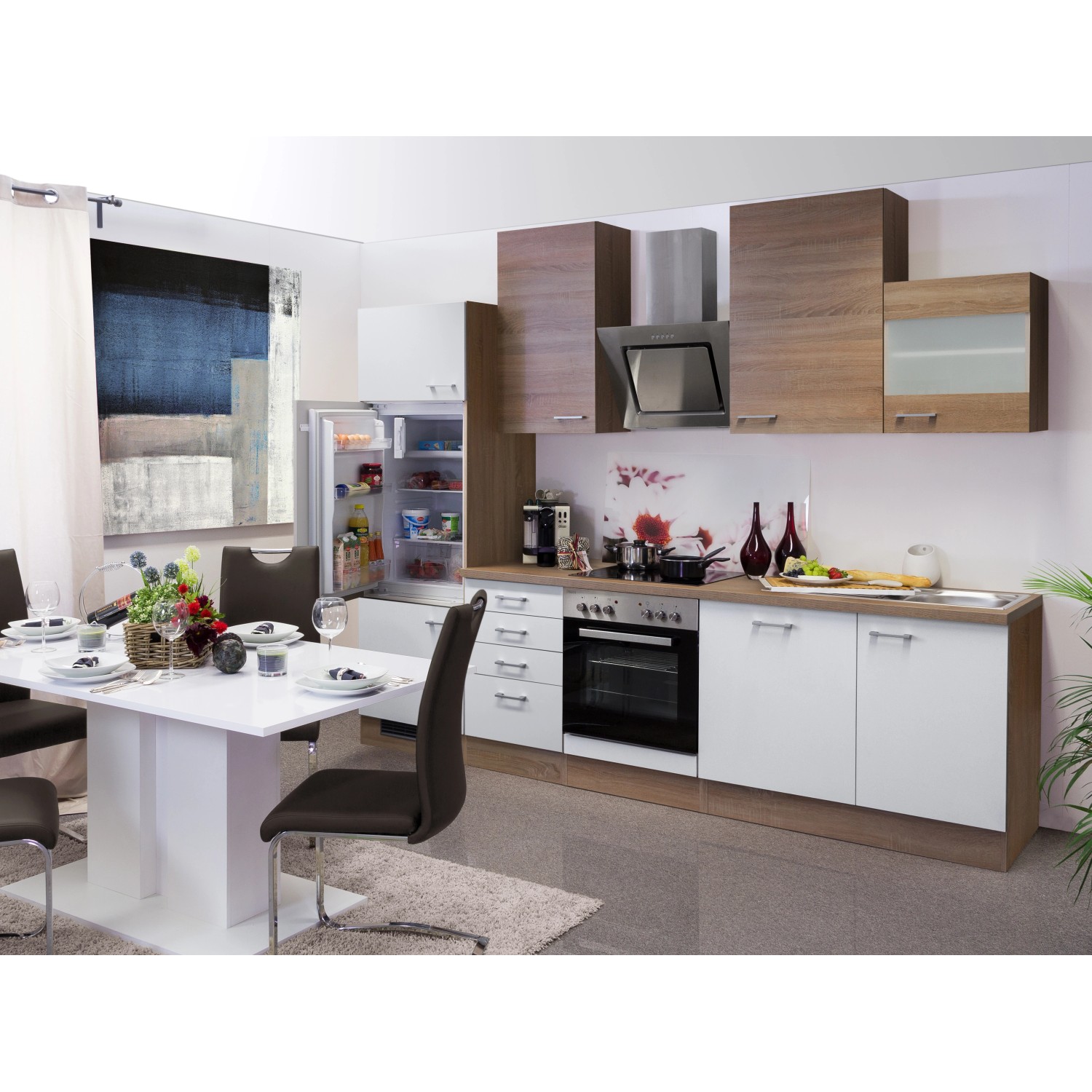Flex-Well Küchenzeile Florida 280 cm in Sonoma Eiche/Weiß mit E-Geräten und Esstisch