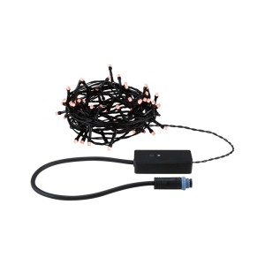Paulmann LED-Lichterkette Yuna, 5m, schwarz, aufgerollt mit Steuerung und blauem Stecker. RGB Außenbeleuchtung.