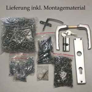 Montagematerial für Tene Kaubandus Gartenpavillon Ibiza: Schrauben, Nägel, Türgriff, Schloss und Schlüssel.