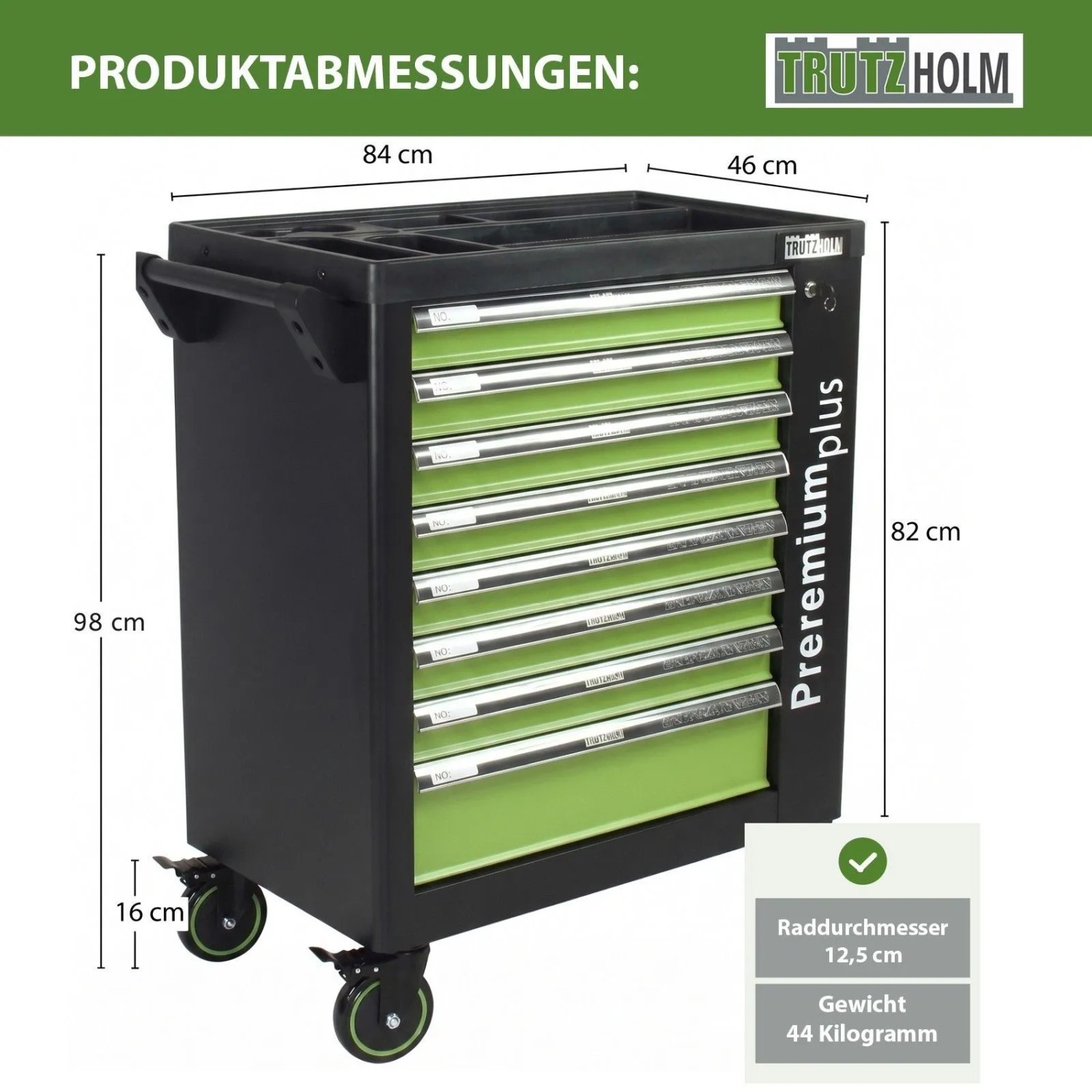 TRUTZHOLM Werkzeugwagen Premium Plus, leer, mit 8 Schubladen, mobil und abschließbar.