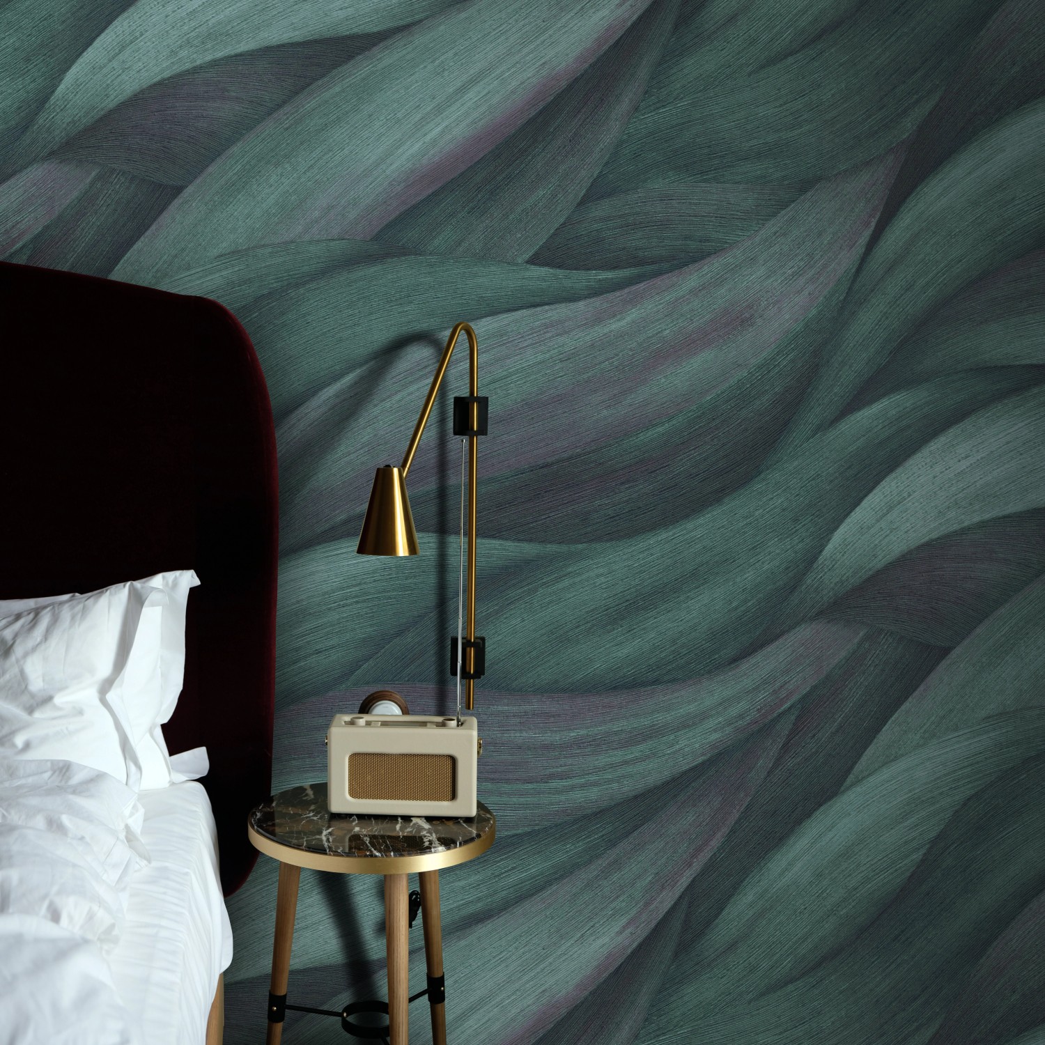 Erismann Vliestapete Casual Chic mit Wellenmuster in Türkis und Grau im Schlafzimmer.