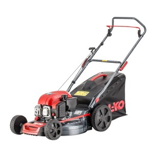 Al-Ko Benzin-Rasenmäher 4.66 P-D Easy mit Fangkorb, Stahlblechgehäuse und rotem Motor.